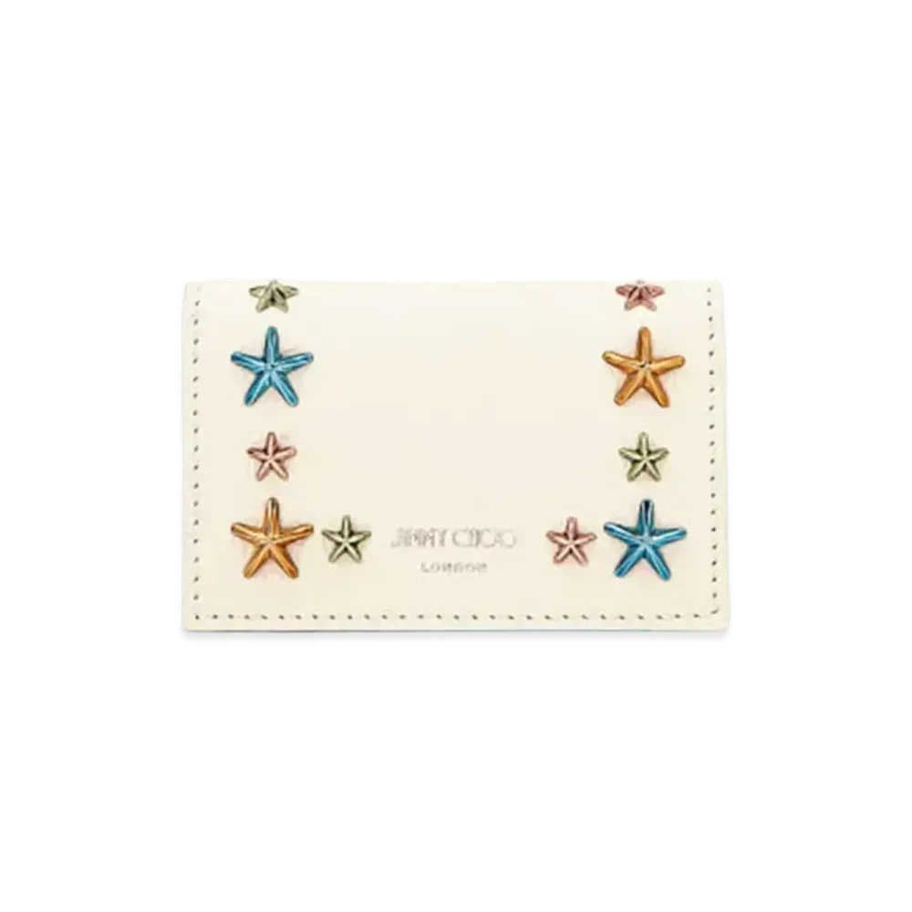 Jimmy Choo Nello Soft Grainy Calf Leather Card Case With Star Studs "Multicolour/Latte"