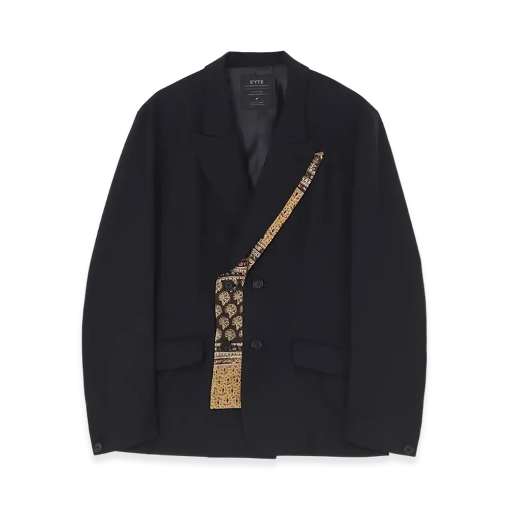 S'YTE Tropical Indian Block-Printed Botanical Pattern Left Front Stacked Peaked Jacket "Black"