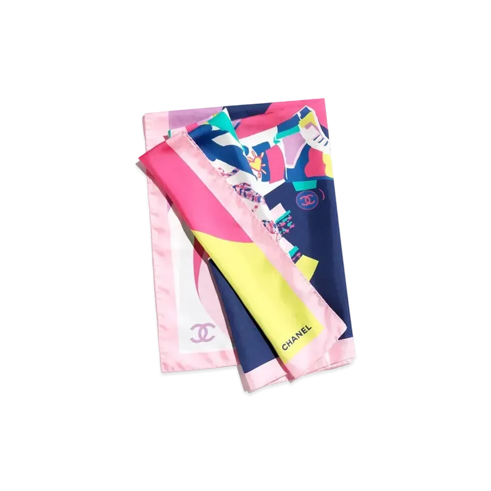 CHANEL Square Scarf Silk Twill "Dark Blue/Light Green/Pink"