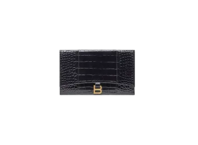 BALENCIAGA Hourglass Crocodile Embossed Flat Flap Bag "Black"