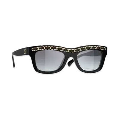 CHANEL Rectangle Sunglasses Acetate, Metal & Calfskin "Black/Gray"