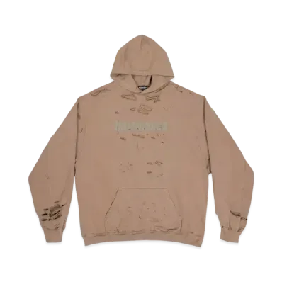 BALENCIAGA MENS Caps Destroyed Hoodie "Dark Beige"
