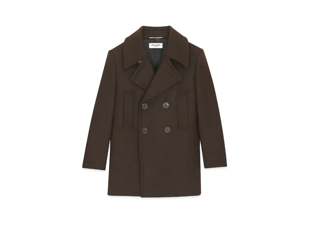 Saint Laurent Women's Double-Breasted Peacoat in Wool Gabardine "Marron Fonce"