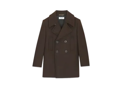 Saint Laurent Women's Double-Breasted Peacoat in Wool Gabardine "Marron Fonce"