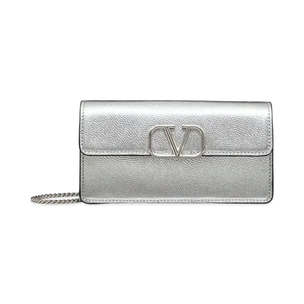 Valentino V Logo Signature Metallic Grain Calfskin Chain Wallet "Silver"