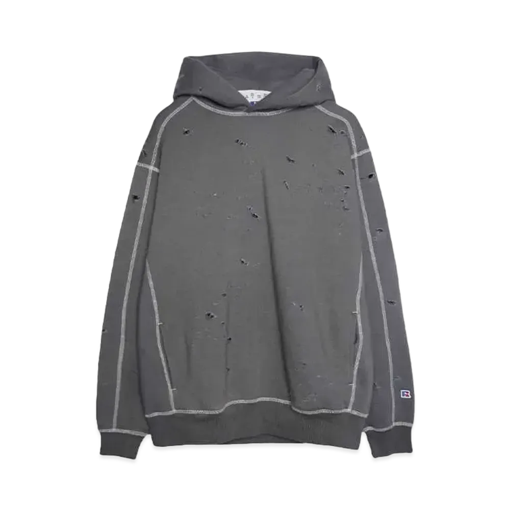 RUSSELL x Bal DISTRESSED ATHLETIC HEAVY COTTON HOODIE "CHARCOAL GRAY"