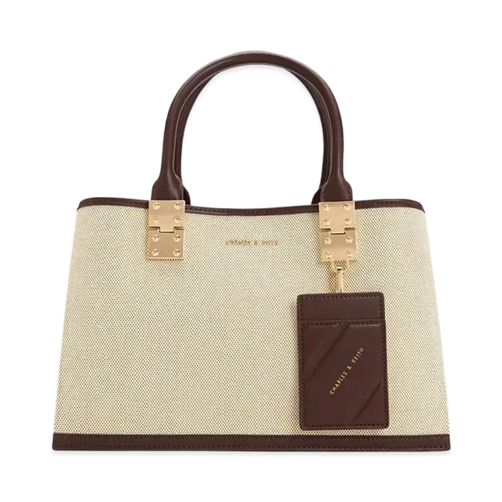 CHARLES & KEITH Canvas Double Top Handle Structure Bag "DarkBrown"