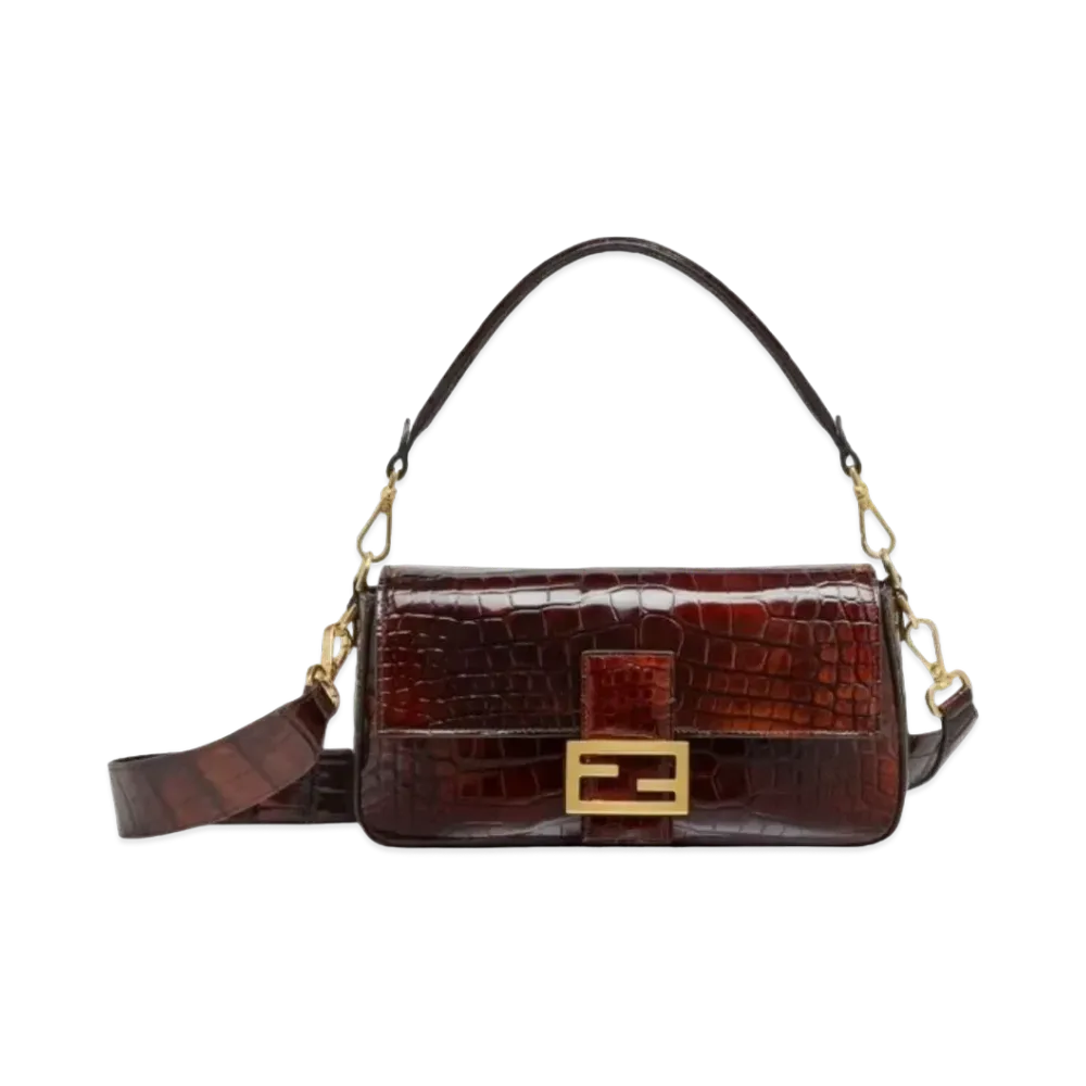 FENDI Baguette Tortoiseshell Effect Crocodile Leather Bag "Dark Brown"