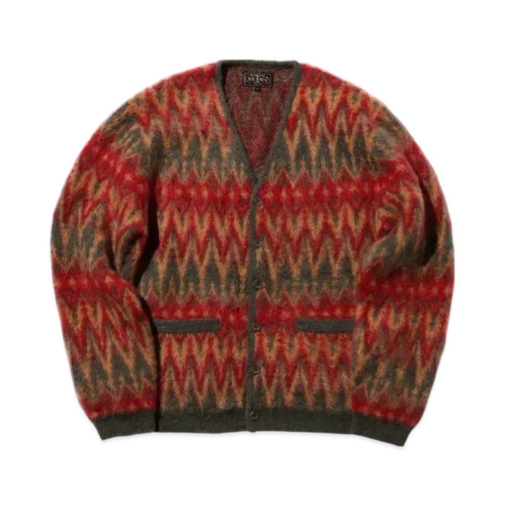 BEAMS Cardigan Double Jacquard Chevron Pattern "Green"