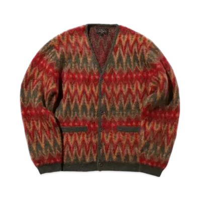 BEAMS Cardigan Double Jacquard Chevron Pattern "Green"