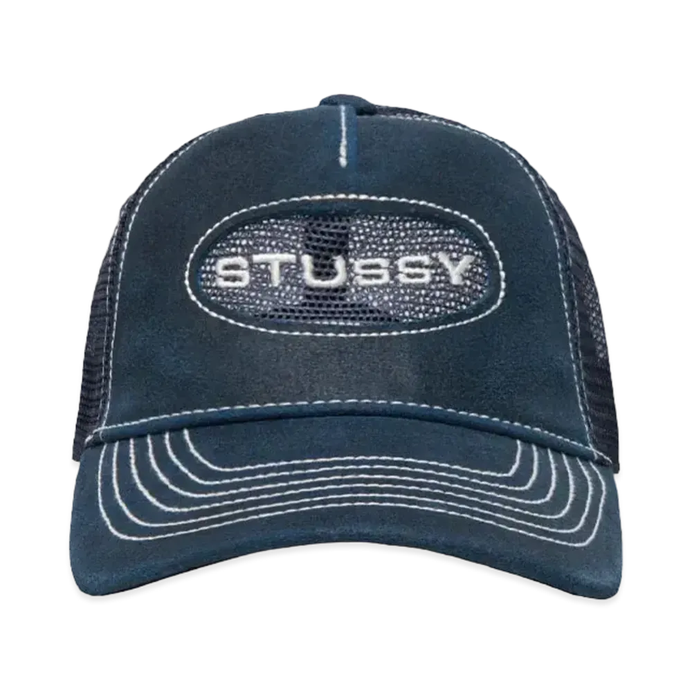 Stussy Low Pro Trucker Cut-Out Leather Snapback "Navy"