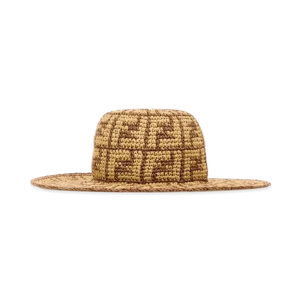 FENDI Women's Hand-Woven Viscose And Cotton Hat With All-Over FF Motif "Beige"
