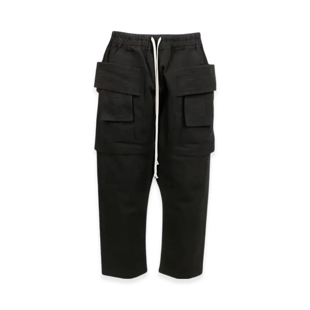 Rick Owens Cotton Woven Creatch Cargo Cropped Drawstring Pants "Black"