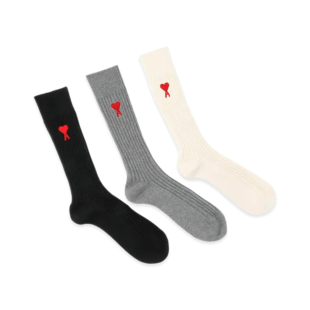 AMI PARIS Three Pack Ami De Coeurs Socks "White/Grey/Black"
