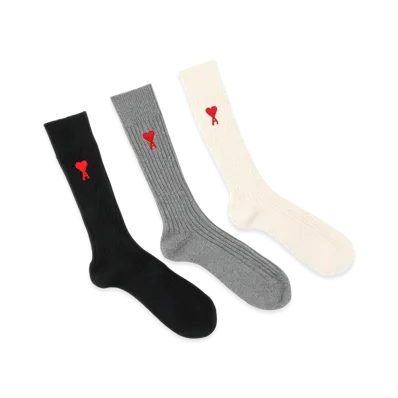 AMI PARIS Three Pack Ami De Coeurs Socks "White/Grey/Black"