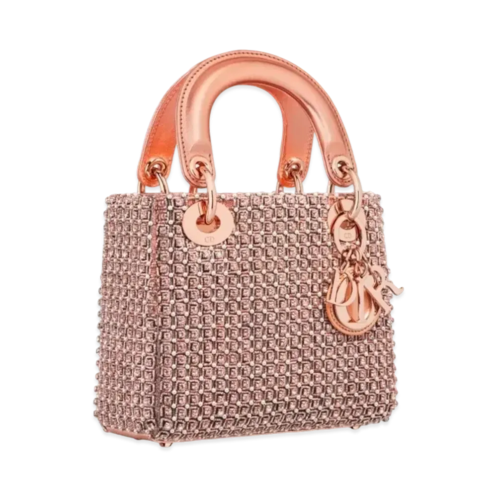 Dior Mini Lady Bag Square Pattern Embroidery Set Strass Round Beads "Metallic Pink"