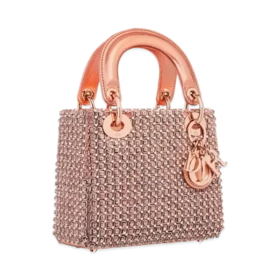 Dior Mini Lady Bag Square Pattern Embroidery Set Strass Round Beads "Metallic Pink"