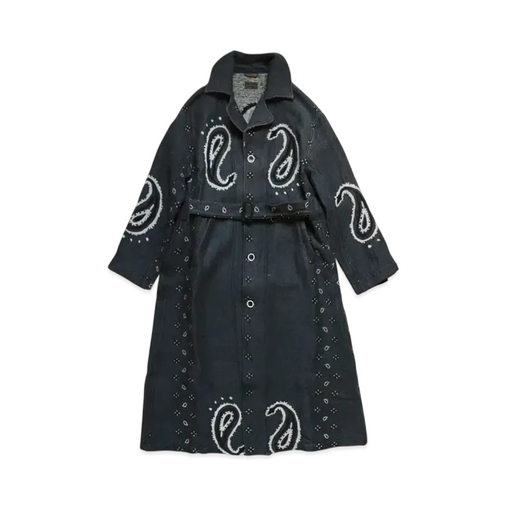 KAPITAL Rug Paisley Linen Wool Drag Coat "Navy"