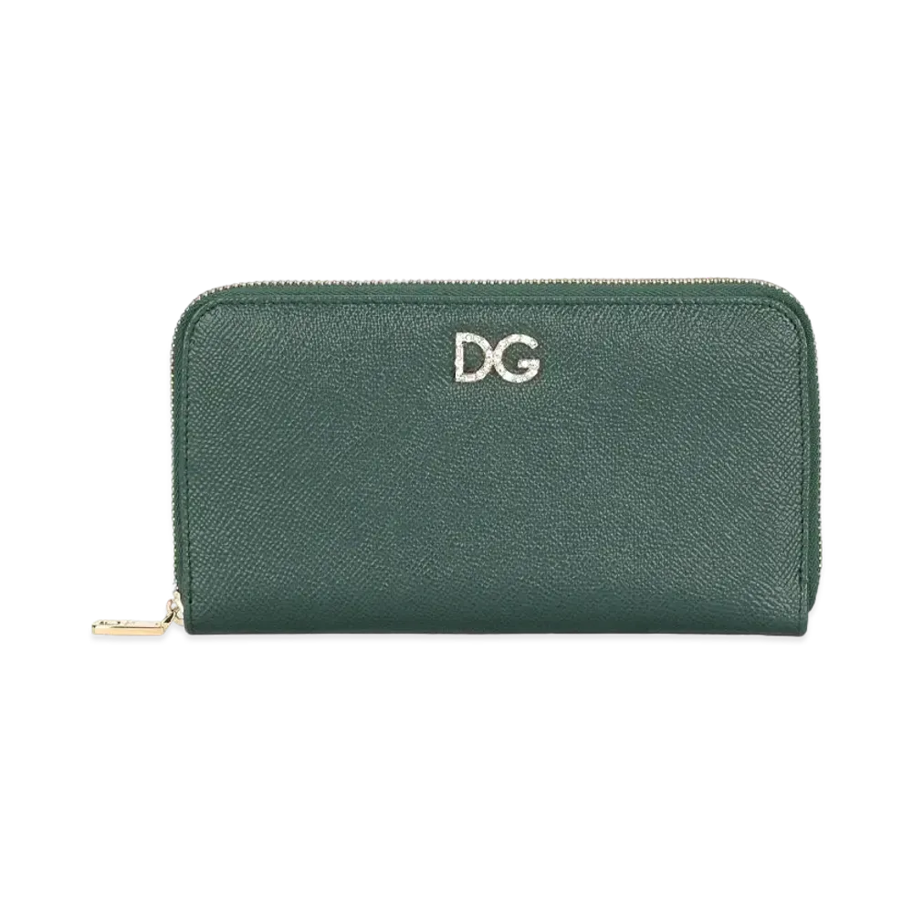 Dolce&Gabbana Zip Around Wallet Dauphine Calfskin DG Rhinestone "Green"