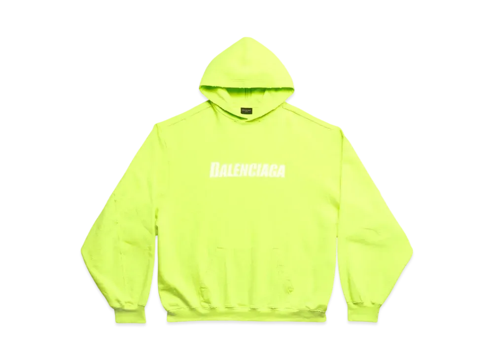 BALENCIAGA Women's Caps Destroyed Hoodie "Neon Yellow/White"