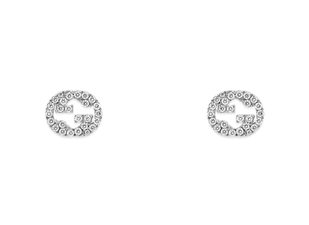 GUCCI 18K Diamond Interlocking Double G Stud Earrings "White Gold"