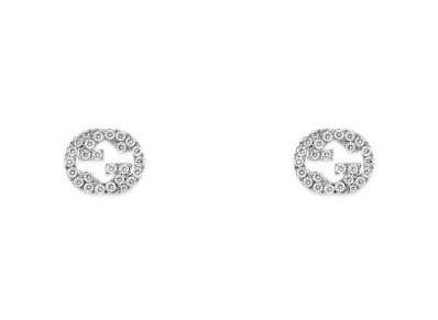 GUCCI 18K Diamond Interlocking Double G Stud Earrings "White Gold"