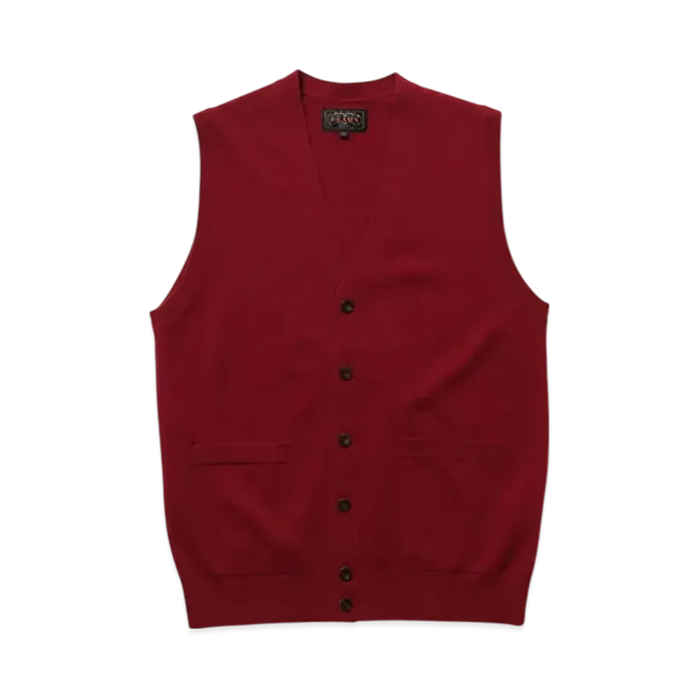 BEAMS Button Knit Vest Solid "Red"