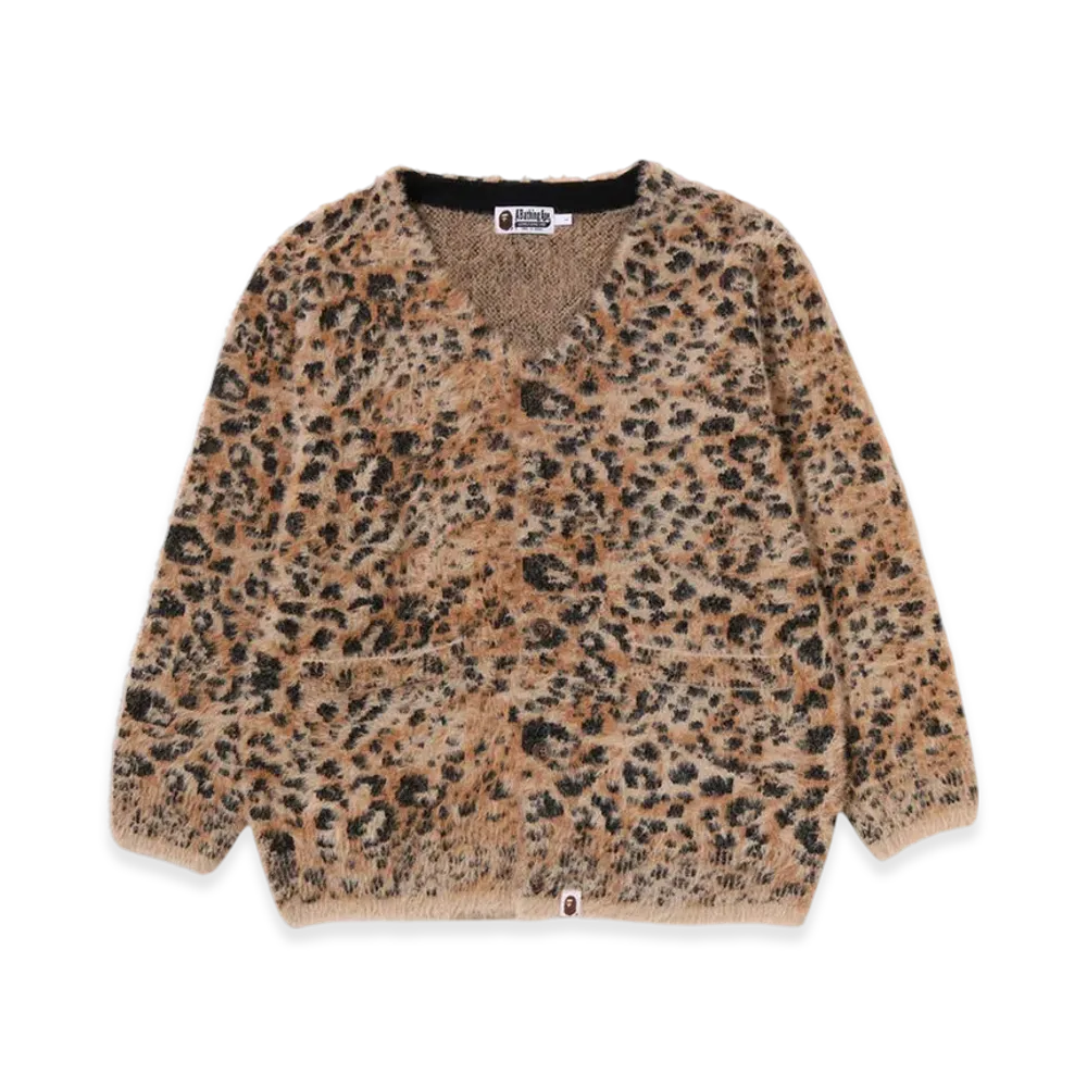 A BATHING APE Wild Leopard Pattern Shaggy Cardigan "Beige"