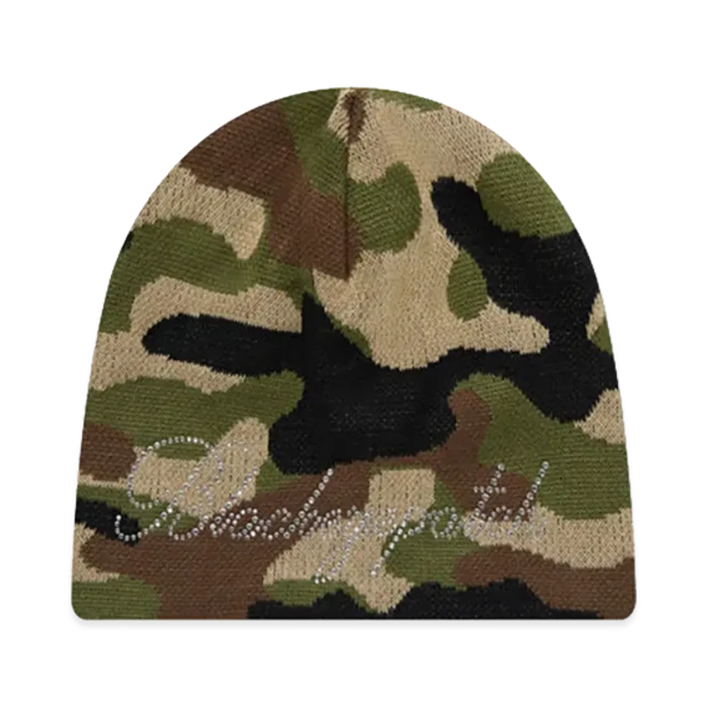 BlackEyePatch Rhinestoned Script Single Beanie "Woodland Camo"