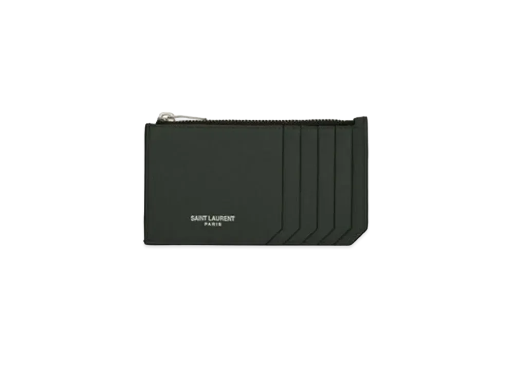 Saint Laurent Fragments Zipped Credit Card Case In Grain De Poudre Embossed Leather "Dark Green"