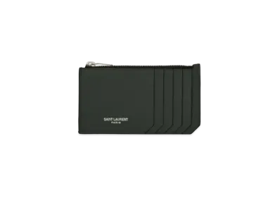 Saint Laurent Fragments Zipped Credit Card Case In Grain De Poudre Embossed Leather "Dark Green"