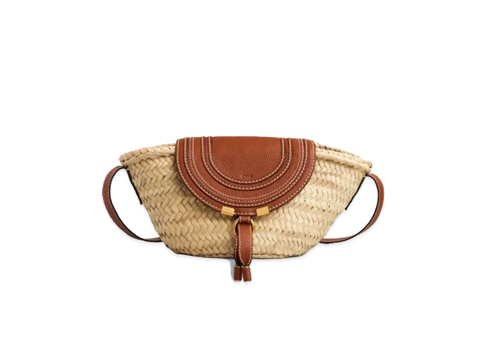 Chloe Small Marcie Basket Bag In Hand Braided Raffia & Small Grain Calfskin "Tan"