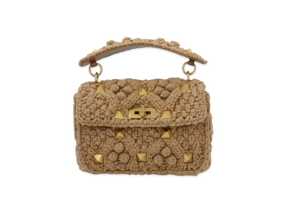 Valentino Medium Roman Stud Cashmere Shoulder Bag With Chain "Brown"