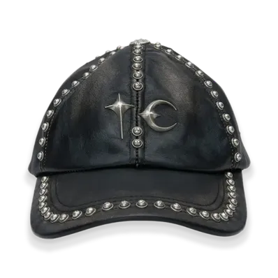 THUG CLUB Studded Washed Leather Cap "Black"