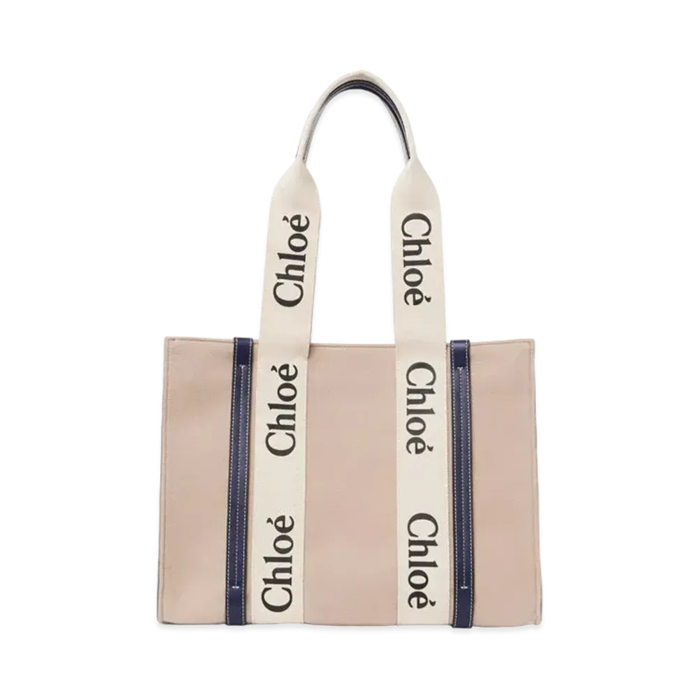 Chloe Medium Woody Tote Bag In a Deadstock Wool Cashmere Fabric & Shiny Calfskin With Woody Ribbon "Beige"