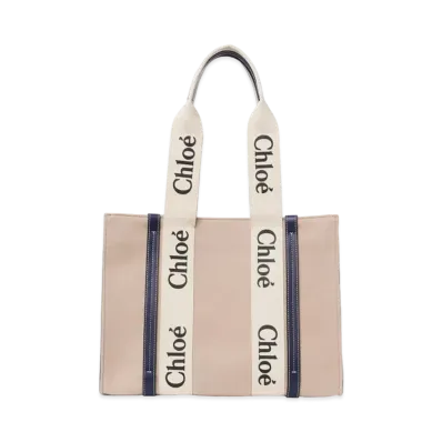 Chloe Medium Woody Tote Bag In a Deadstock Wool Cashmere Fabric & Shiny Calfskin With Woody Ribbon "Beige"
