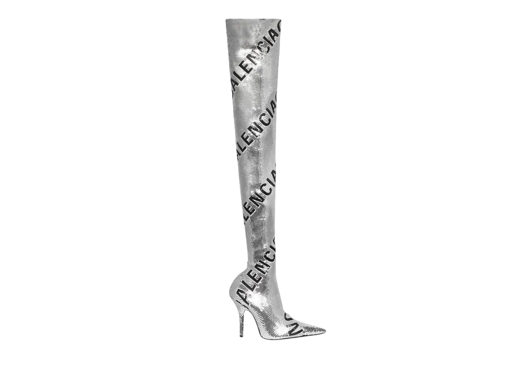 BALENCIAGA Women's Knife 110mm Over The Knee Allover Logo "Silver"