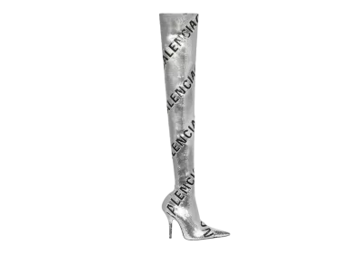 BALENCIAGA Women's Knife 110mm Over The Knee Allover Logo "Silver"