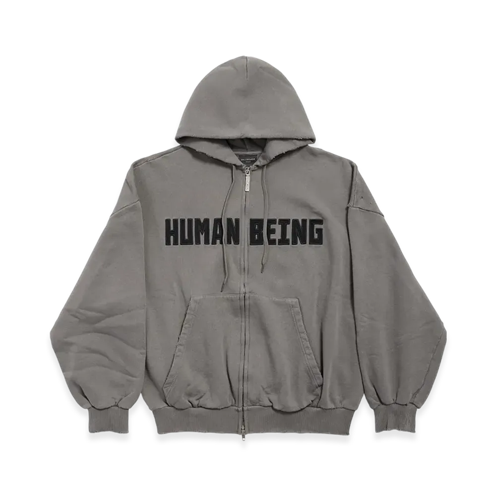 BALENCIAGA Human Being Shifted Zip Up Hoodie "Grey"