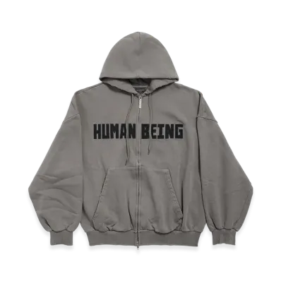 BALENCIAGA Human Being Shifted Zip Up Hoodie "Grey"