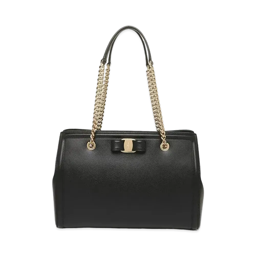 Salvatore Ferragamo Vara Leather chain Tote Bag "Black"