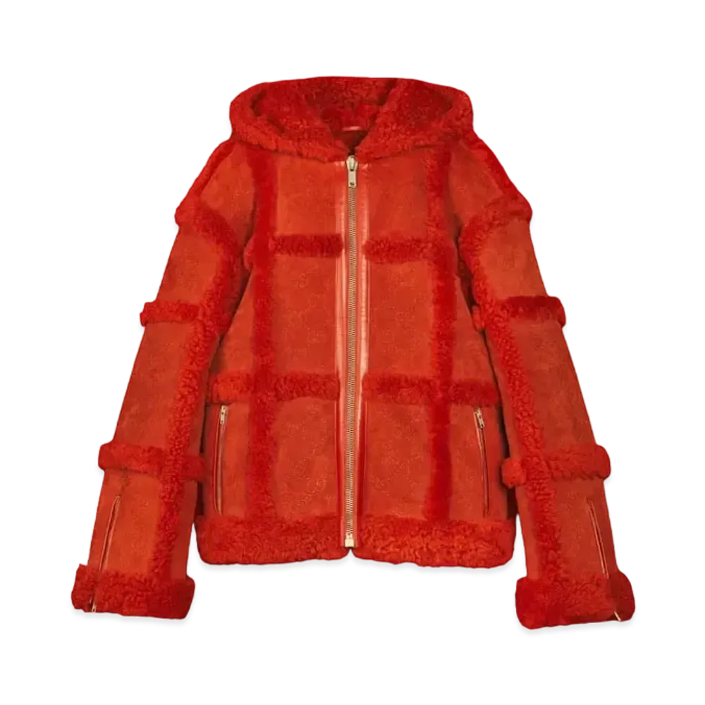 PALACE GUCCI Shearling Jacket With Allover GG Embossing "Red"