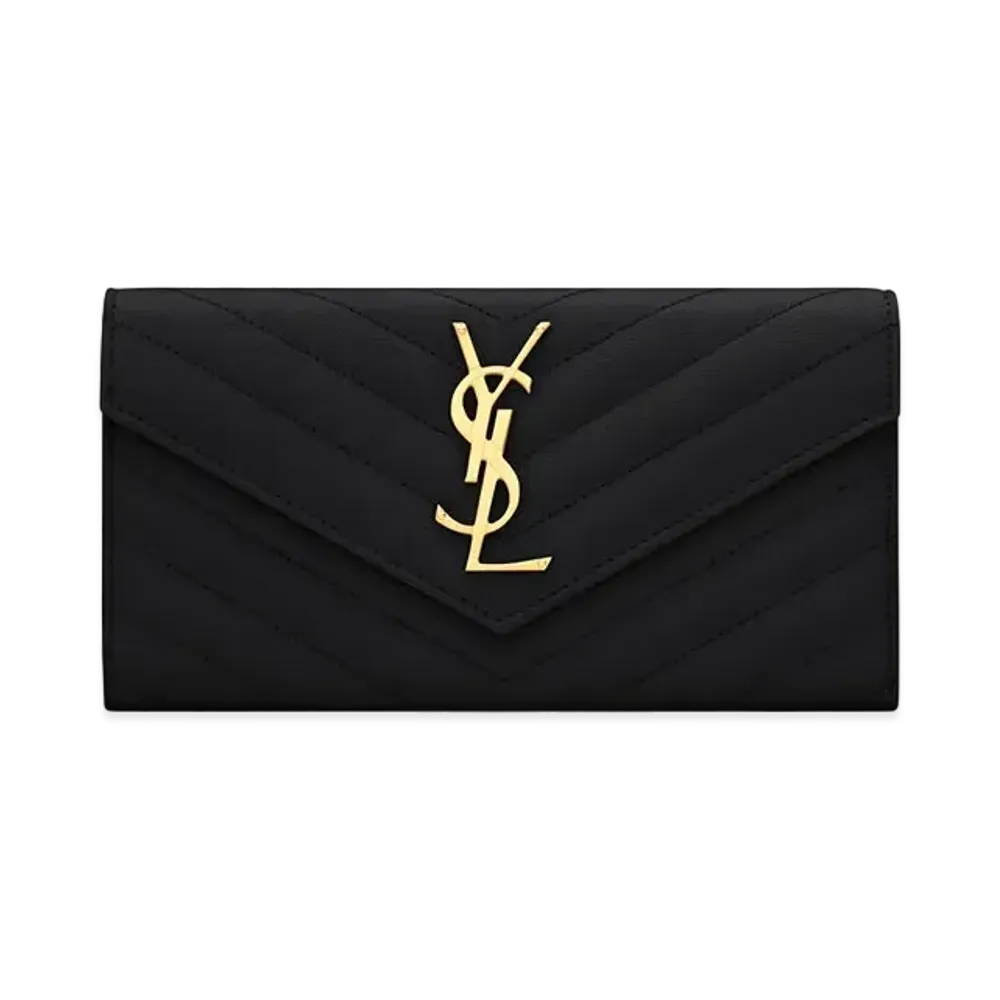 Saint Laurent Monogram Large Flap Wallet In Grain De Poudre Embossed Leather "Black"