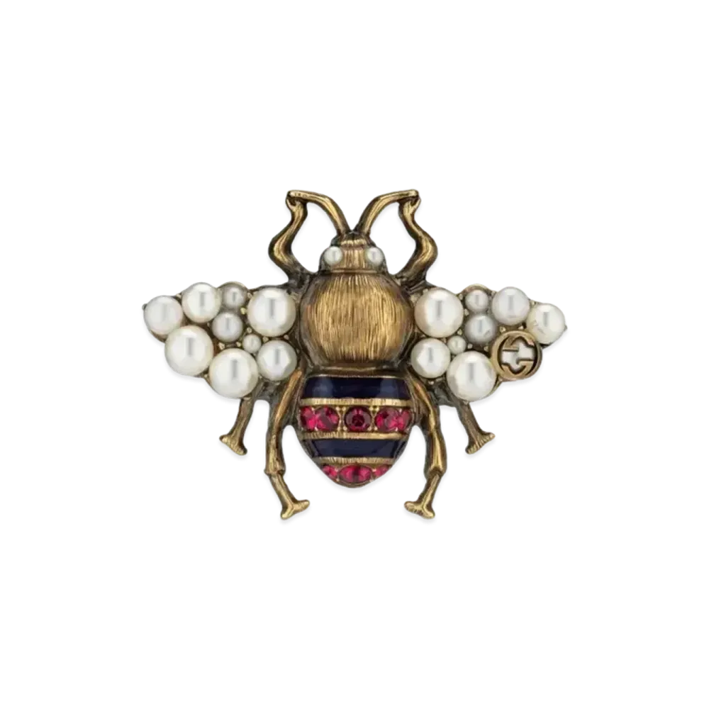 GUCCI Crystal Pearl Bee Ring "Gold"