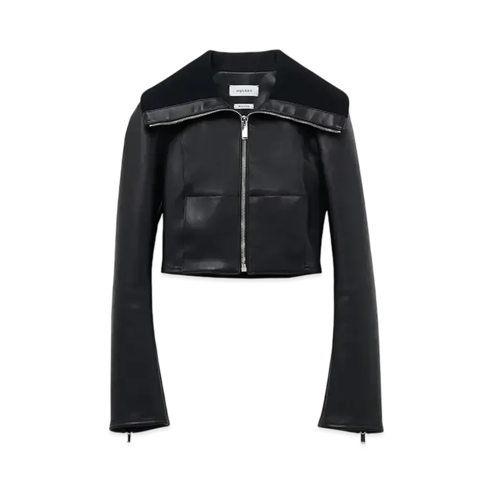 Alexander McQUEEN Folded Collar Leather Jacket "Black"