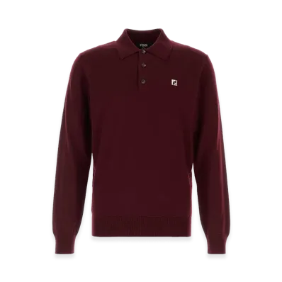 FENDI Stretch Wool Long Sleeve Polo Shirt "Burgundy"