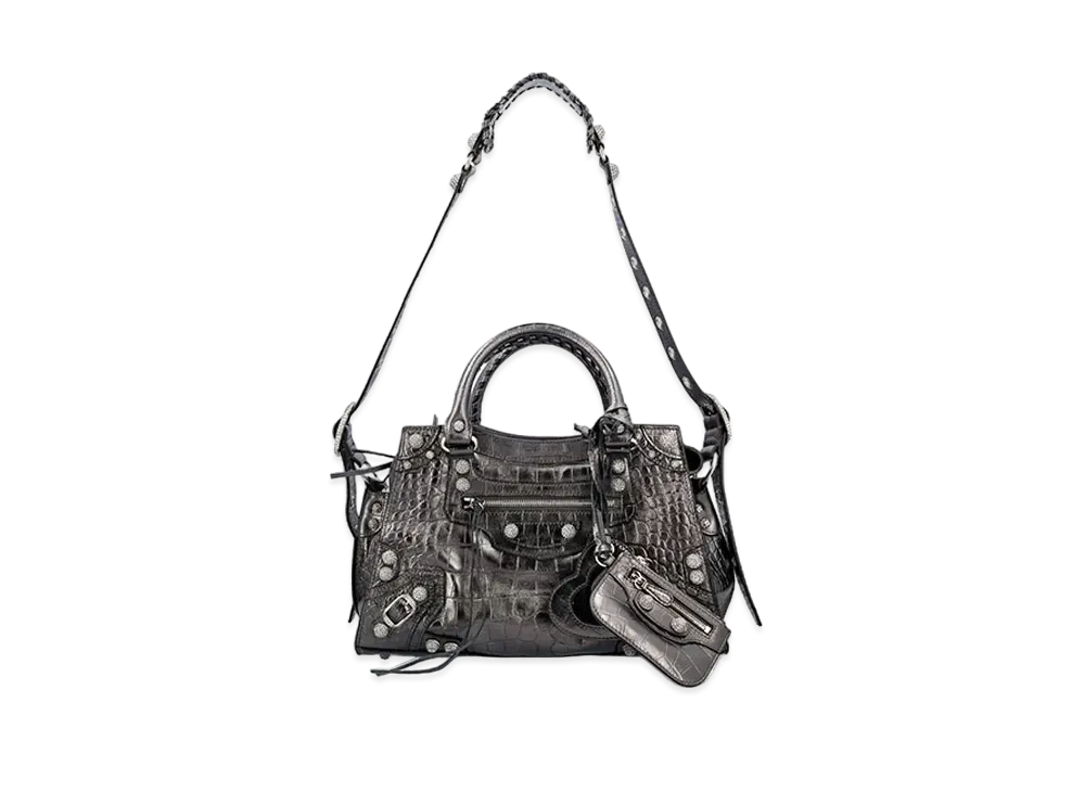 BALENCIAGA Neo Cagole City Rhinestone Crocodile Embossed Small Handbag "Grey"