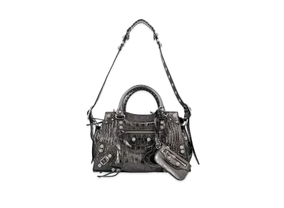 BALENCIAGA Neo Cagole City Rhinestone Crocodile Embossed Small Handbag "Grey"
