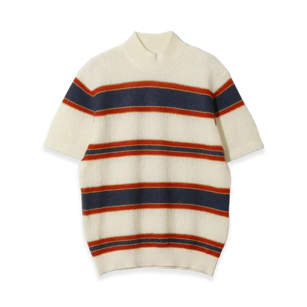NEEDLES S/S Mock Neck Sweater Crepe Weave Stripe "Ivory"