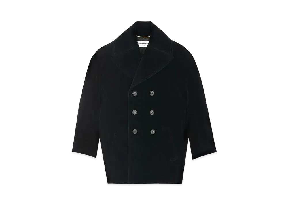 Saint Laurent Women's Cassandre Peacoat in Cotton Velvet "Noir"